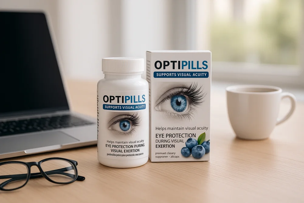 Pot OptiPills posé sur un bureau, à côté d'un ordinateur portable et d'une paire de lunettes