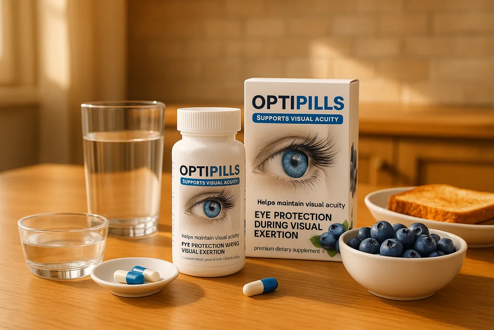 OptiPills Einnahme: Dose, Wasserglas und zwei Kapseln auf dem Frühstückstisch