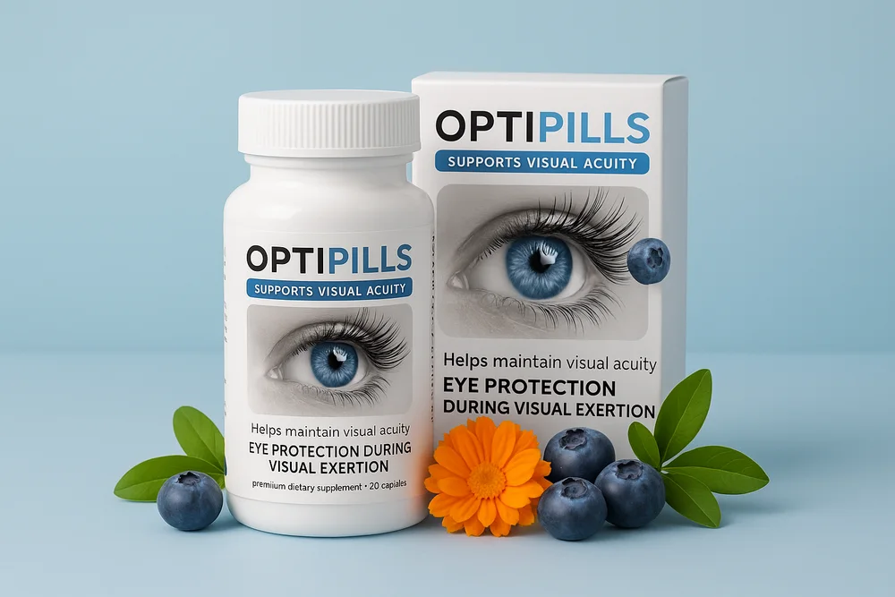 OptiPills Inhaltsstoffe: Dose umgeben von Heidelbeeren, Grünteeblättern und Tagetes-Blüte