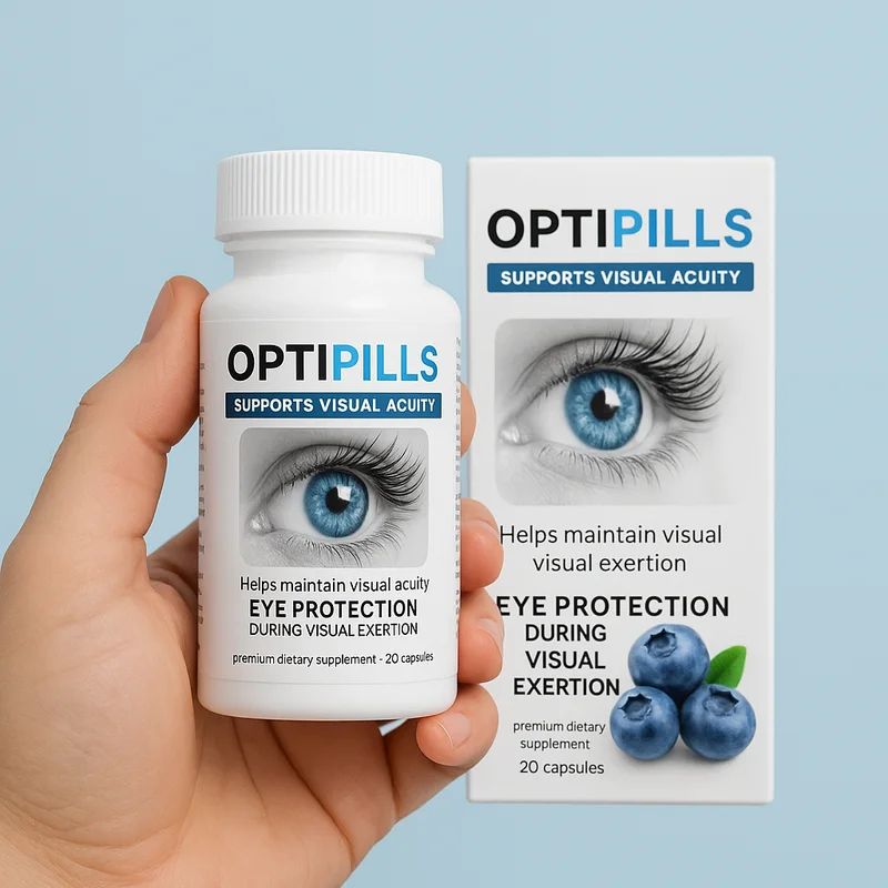 Hand hält die Original-Dose OptiPills mit 20 Kapseln, Etikett zur Kamera