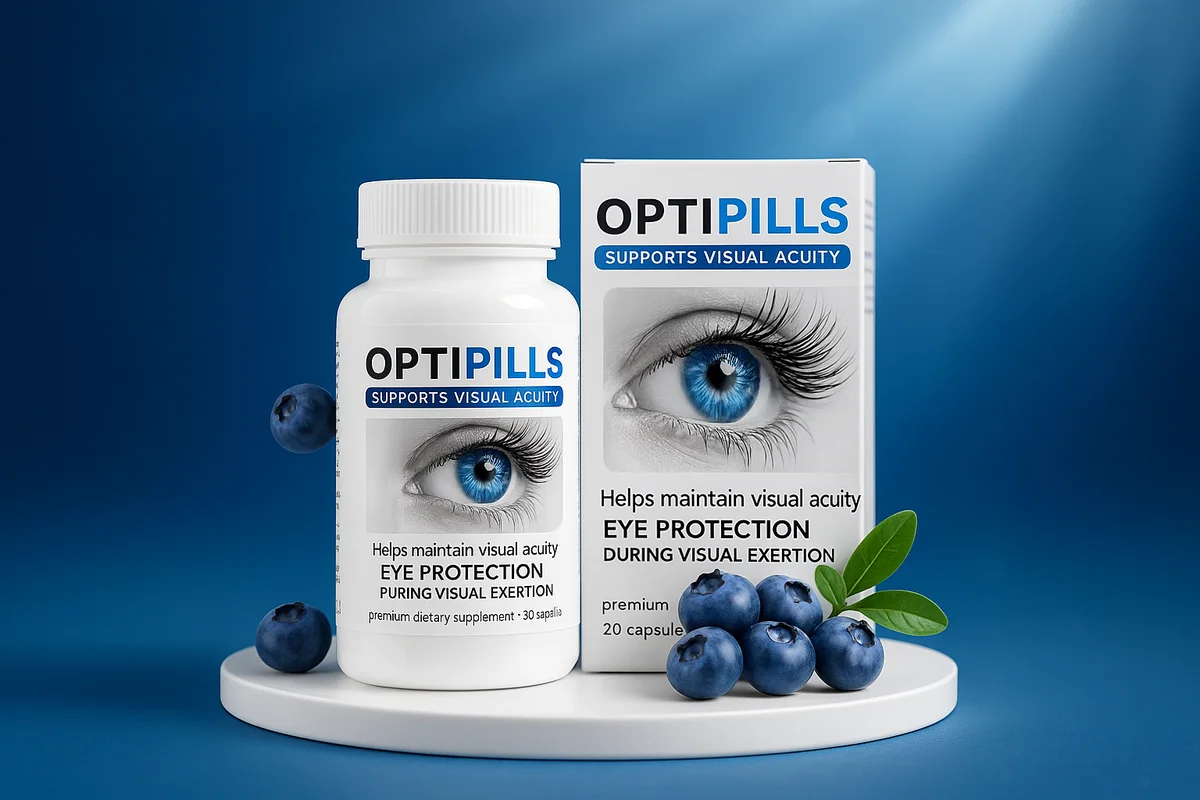 OptiPills Kapseln für die Augen – Dose und Verpackung mit Heidelbeeren