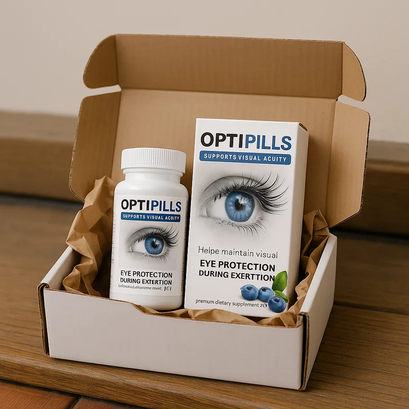 Colis OptiPills ouvert sur le pas d'une porte à Luxembourg, boîte et étui visibles